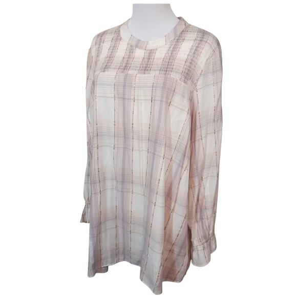 New Lane Bryant Smocked Boho Peasant Top Blouse Plus 18 Cream Pink Gold Plaid - Picture 9 of 10